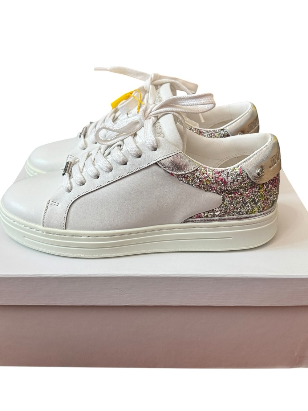 Jimmy Choo White Leather Low-Top Sneakers with Multicolor Glitter Heel - Picture 6 of 10
